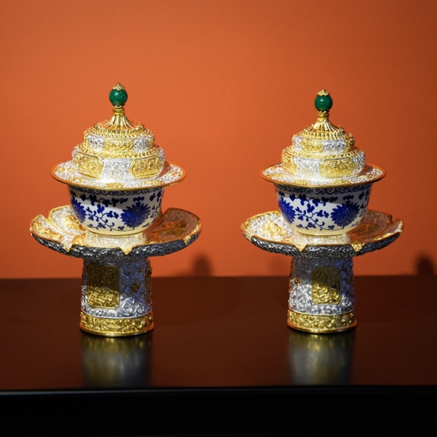 足银银制品 藏式银碗 新款鎏金茶架 茶碗 茶杯 藏式茶架