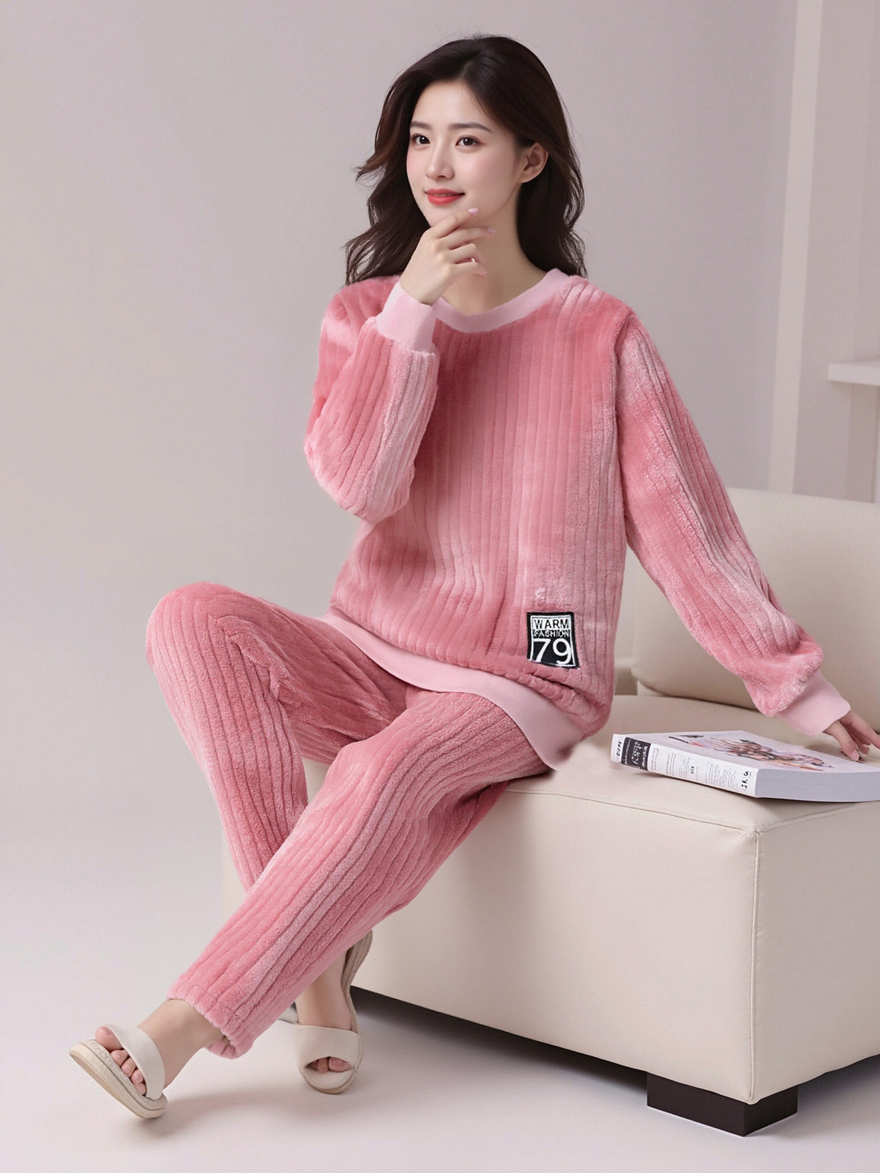 圆领时尚家居服男女同款保暖绒面睡衣长袖长裤睡衣套装C-CL800