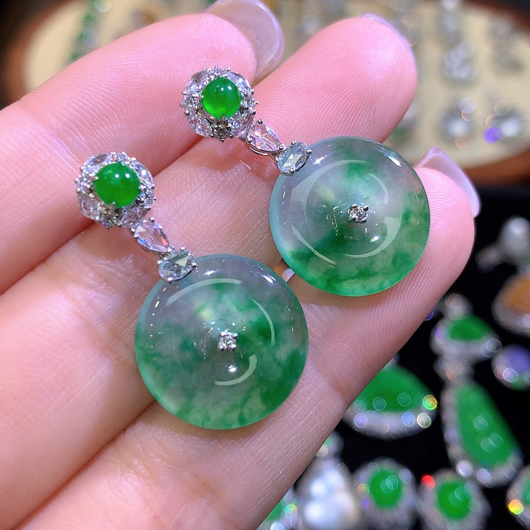 翡翠18K金镶嵌耳饰玻璃种金丝绿平安扣耳坠