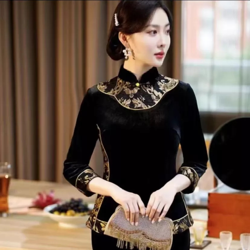 062-国风春款绣花复古妈妈装显瘦气质旗袍上衣（单件上衣）