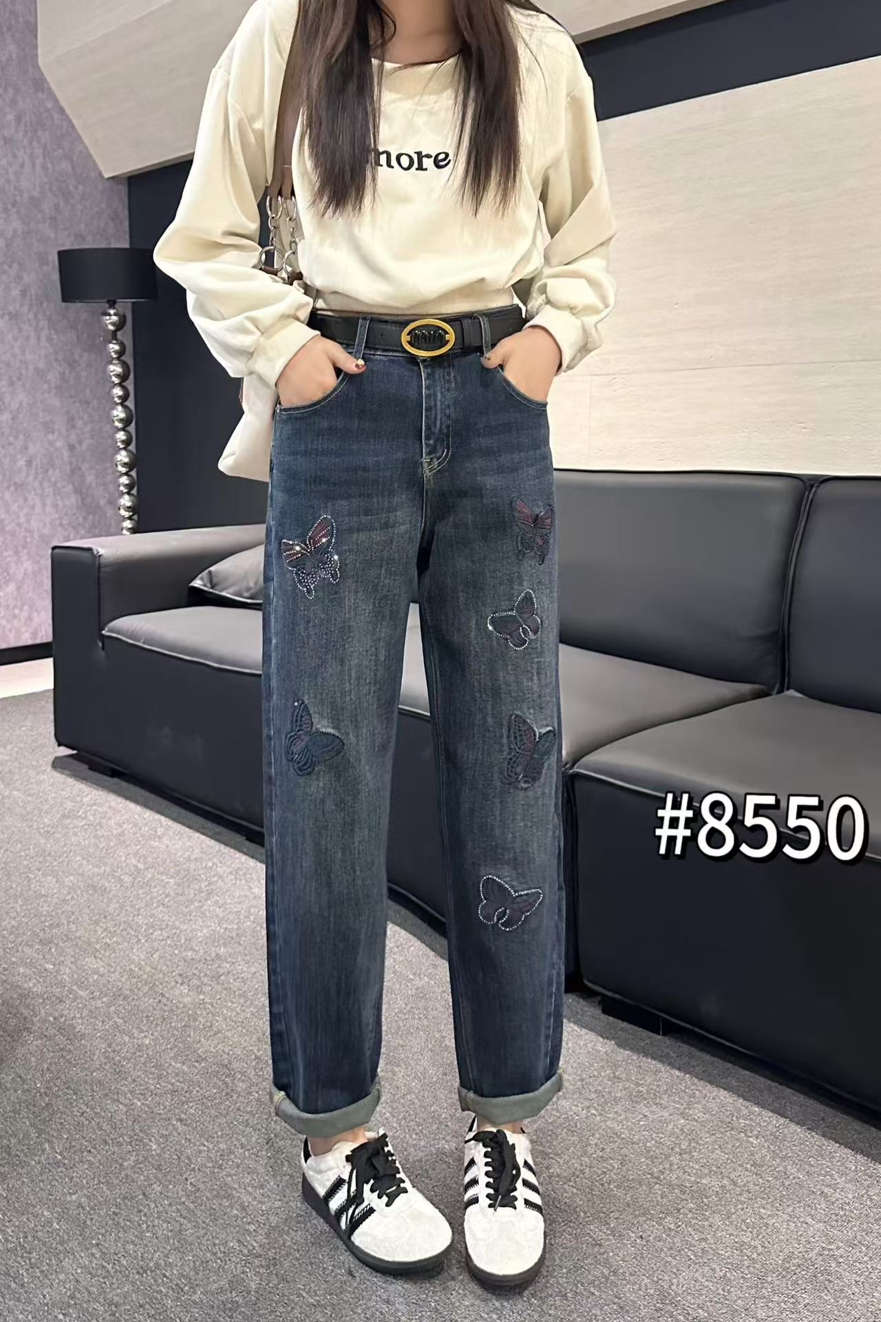 2025秋季新款加厚深蓝牛仔九分裤重工刺绣时尚显瘦弹力修身潮流