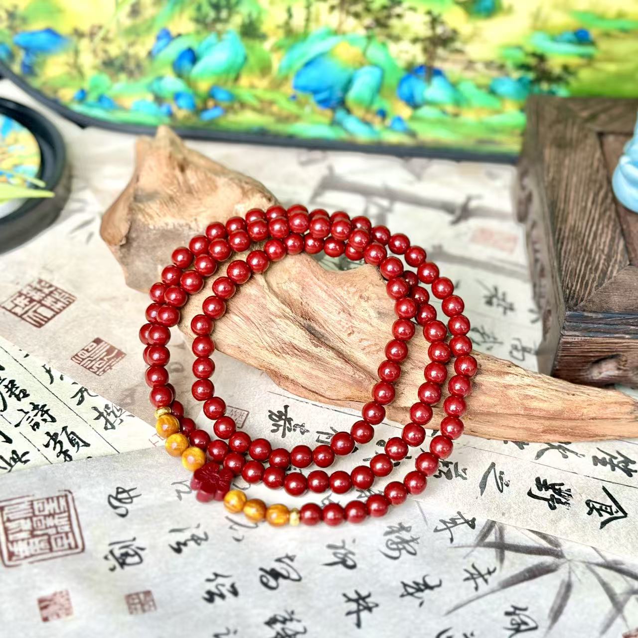 含辰砂工艺品含辰砂工艺品QW373  朱砂双圈手串（B）