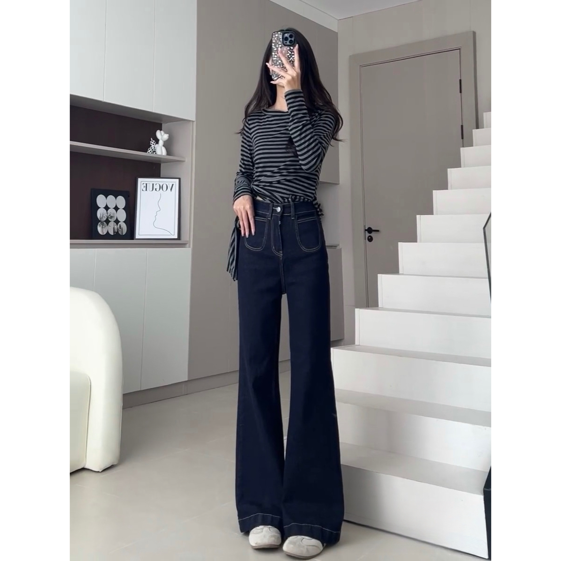 7634 C【弹力】丹宁蓝弹力微喇牛仔裤女显瘦小个子喇叭裤子