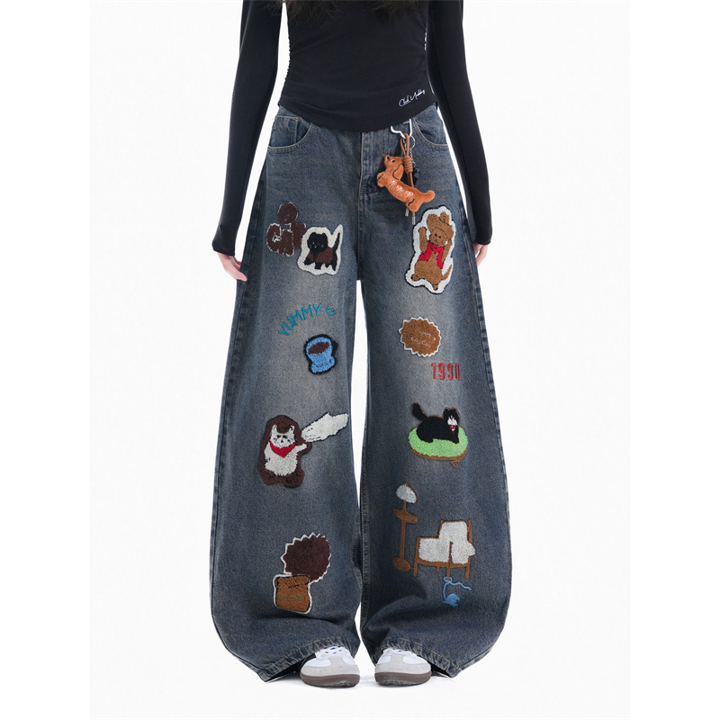 【送挂件】设计感小狗刺绣牛仔裤女秋冬新款美式复古高腰拖地阔腿裤