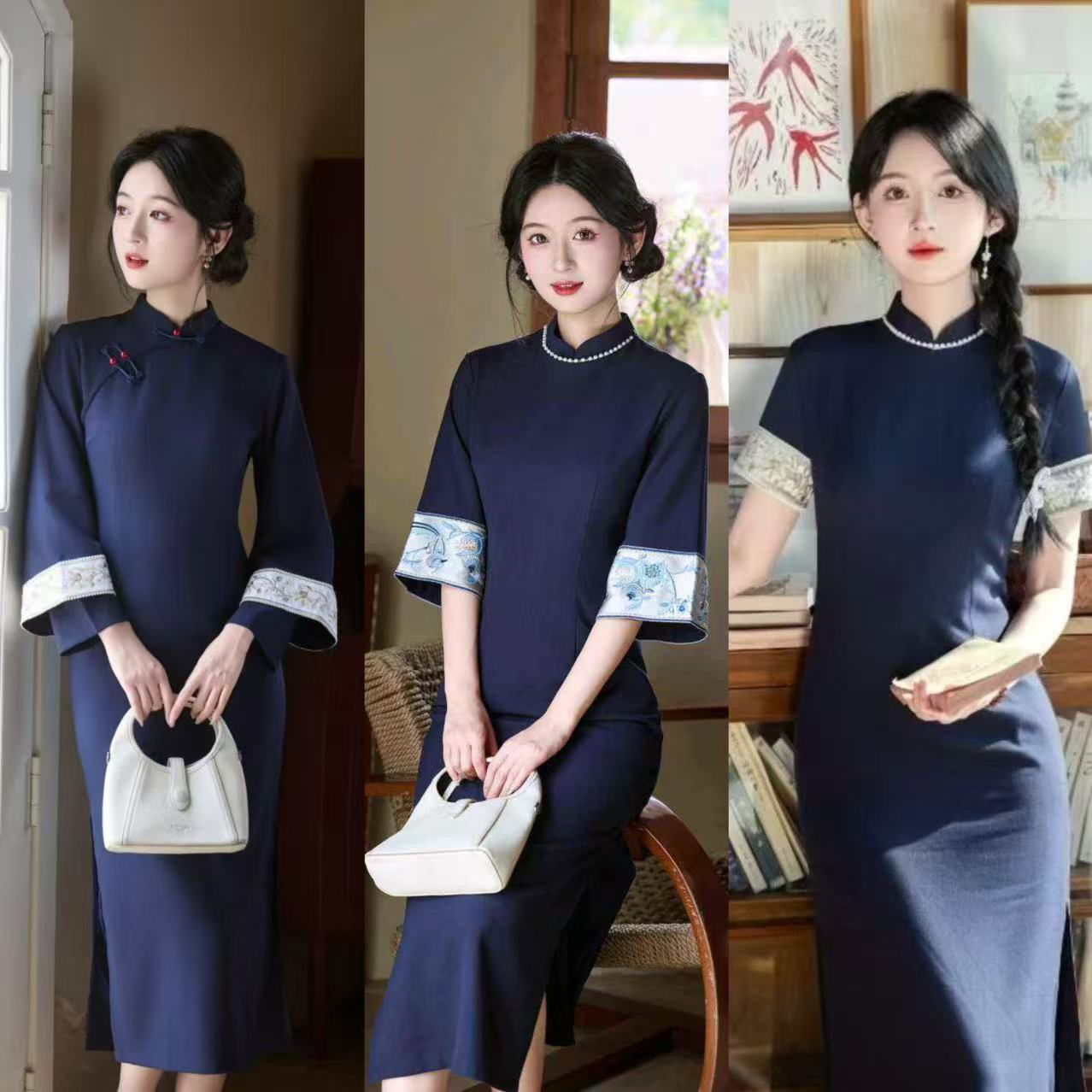 丝雨蓝绸｜如意襟立领日常少女风新中式旗袍中国风中长款蓝色修身