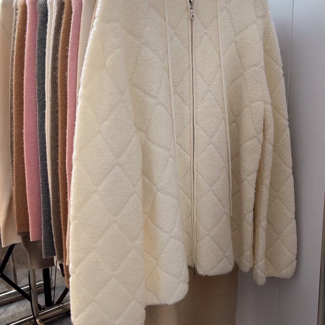 毛巾绣 连帽 拉链 羊绒开衫