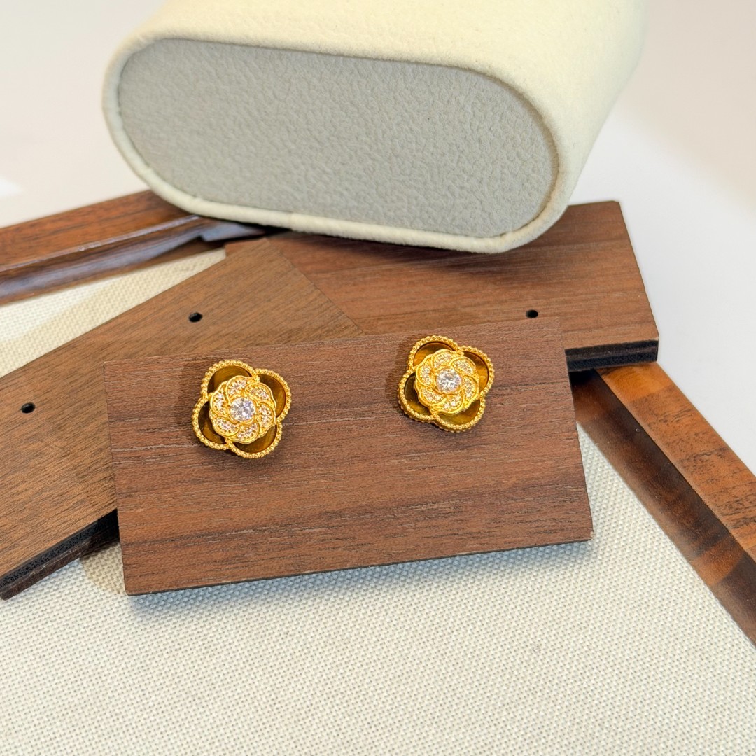 新年-G/Z【山茶花点钻耳钉】-足金999精工5G耳饰（附加288）