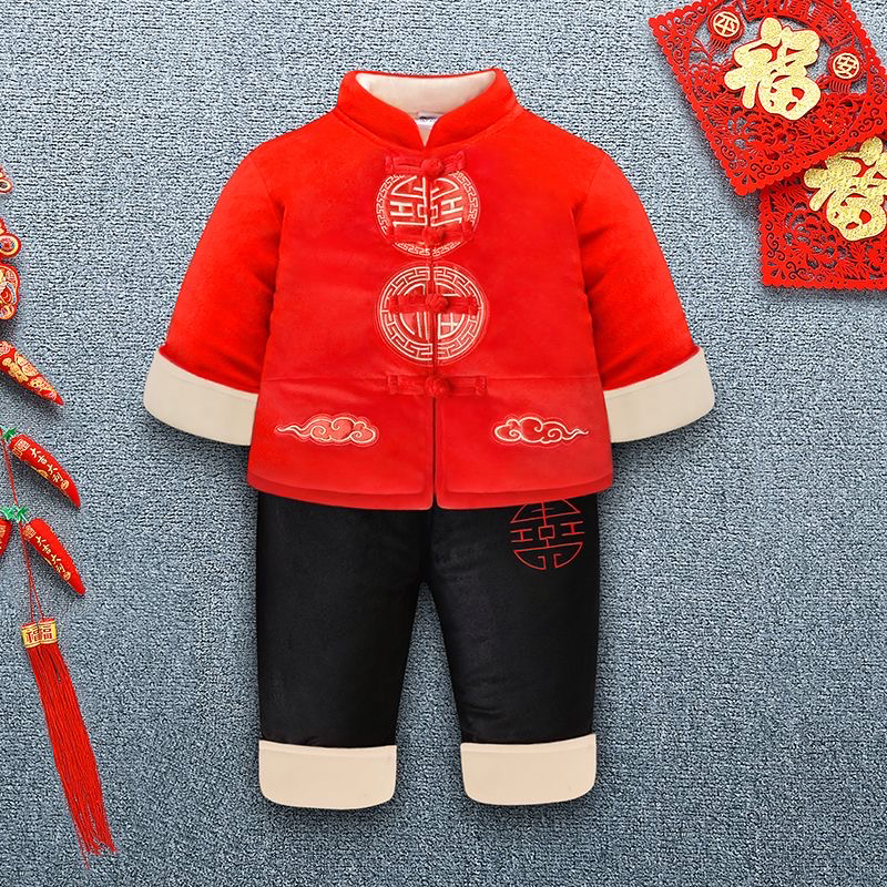 男童秋冬加厚中国风喜庆拜年唐装套装周岁礼服