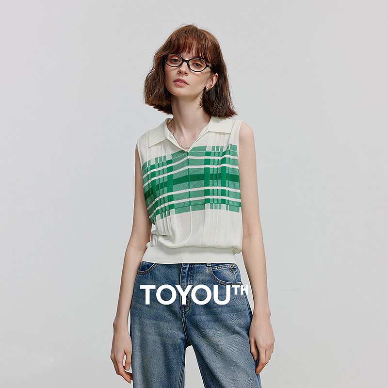 【618返场购】初语POLO领撞色条纹女2025夏季新款100%莱赛尔 针织衫