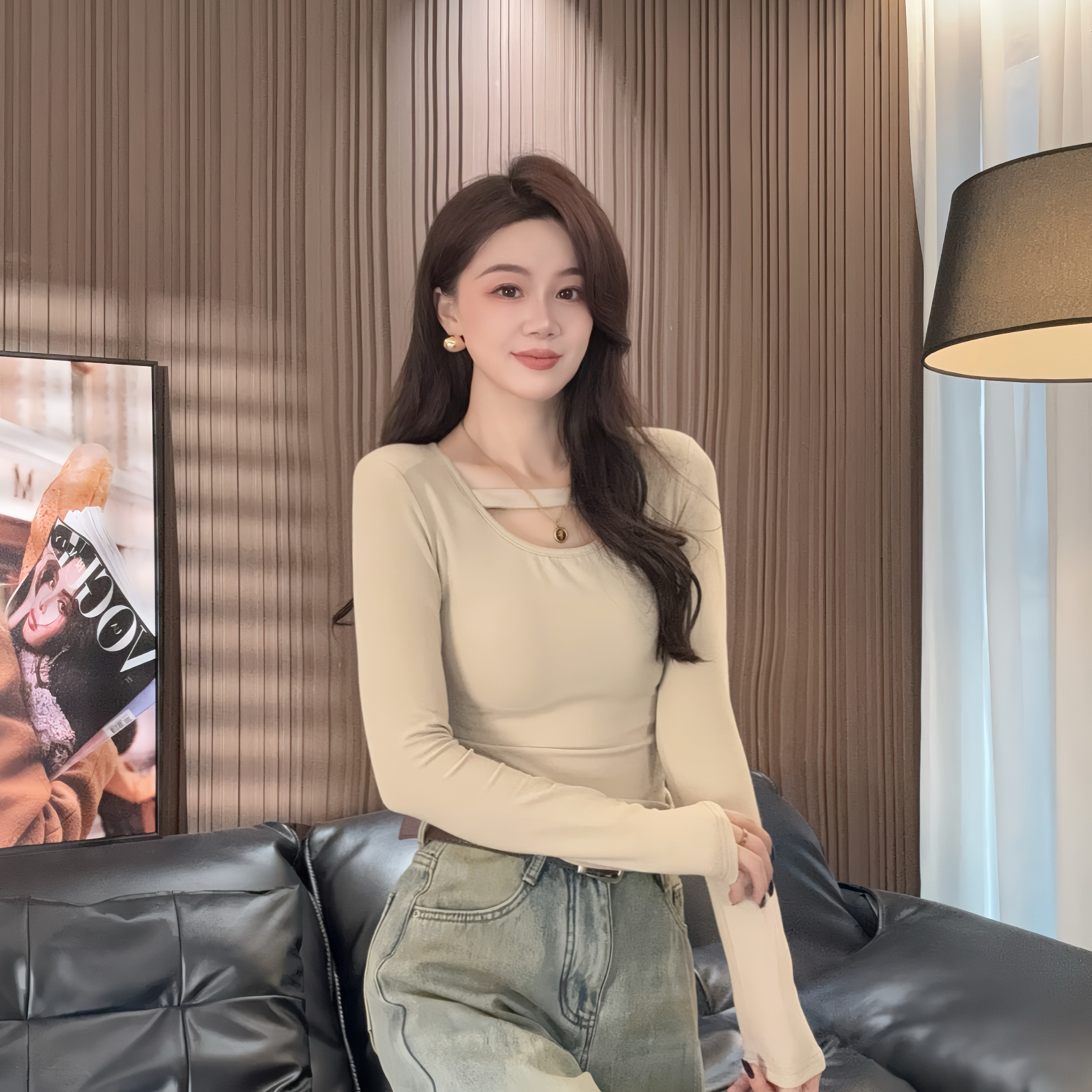 【静静衣橱】秋冬时尚百搭设计感挂脖圆领显瘦纯色长袖T恤女763-11