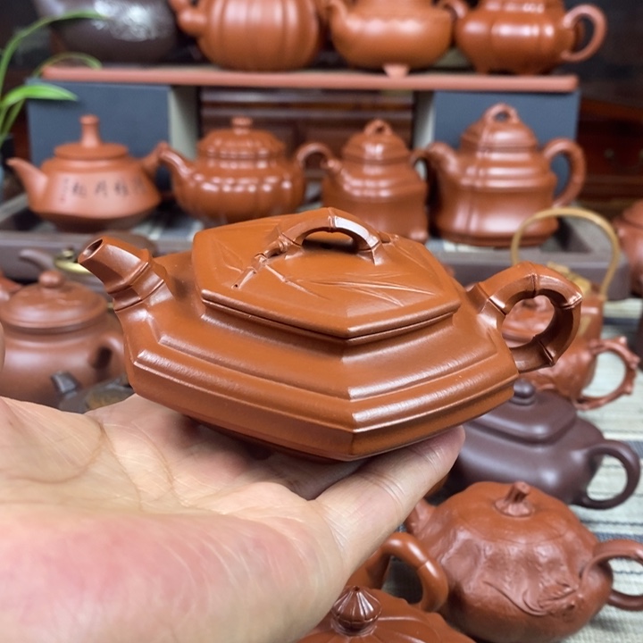 茶壶紫砂六方扁竹150cc原矿赵庄朱泥特价