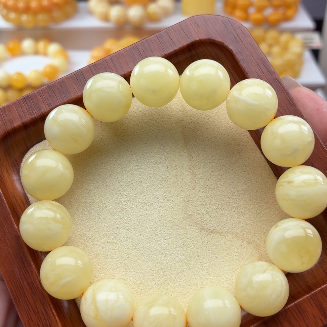 琥珀未镶嵌裸石B070白蜡妖花手串卡14+