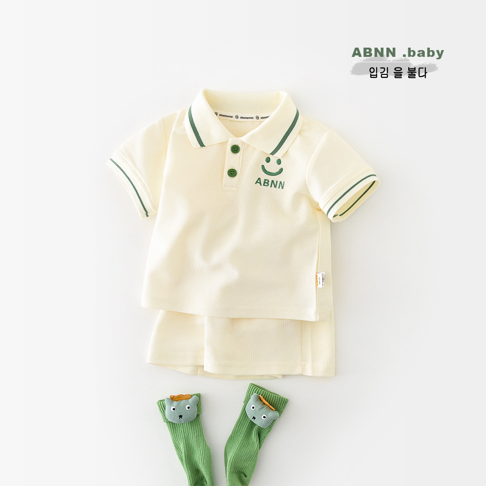 越己夏款卡通笑脸短袖套装 婴幼童polo领韩版短裤两件套