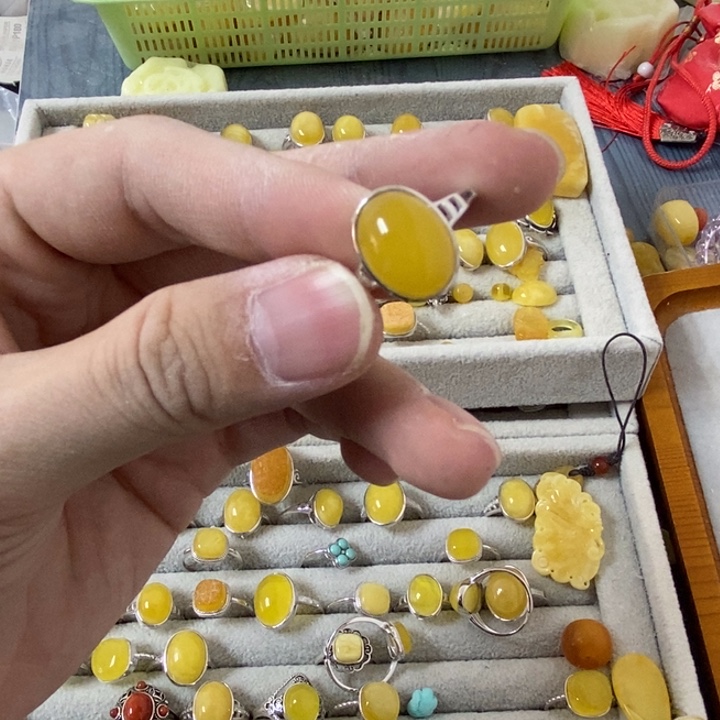 蜜蜡裸石银S925镶嵌戒指