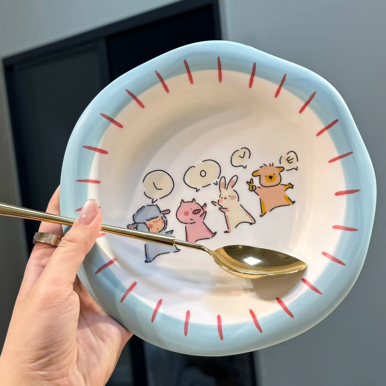 【圆和圈】出口韩国  哑光蓝色小羊花边盘 可爱意面盘陶瓷盘不带勺