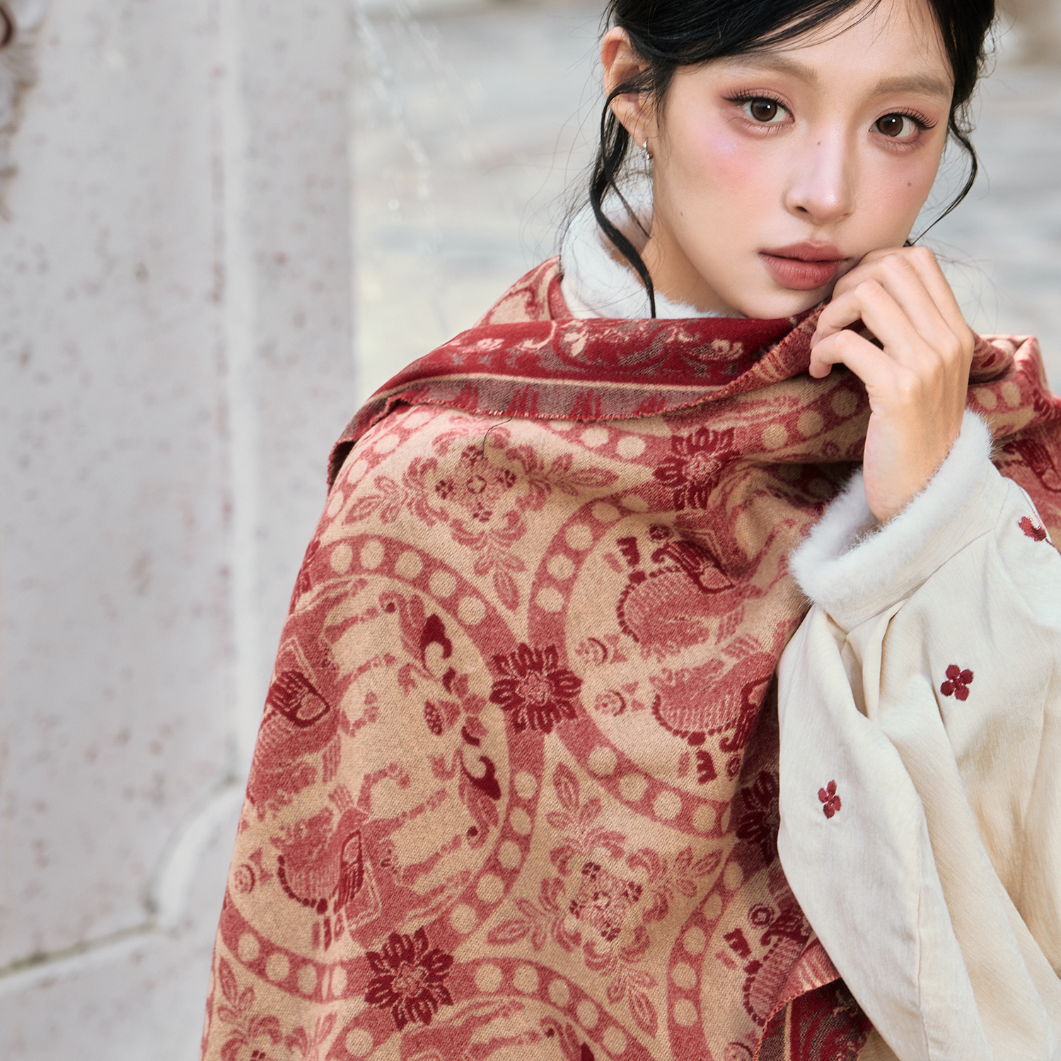 七月夕【珠联璧合】百搭保暖围巾女士民族风保暖女加厚围脖汉服外搭