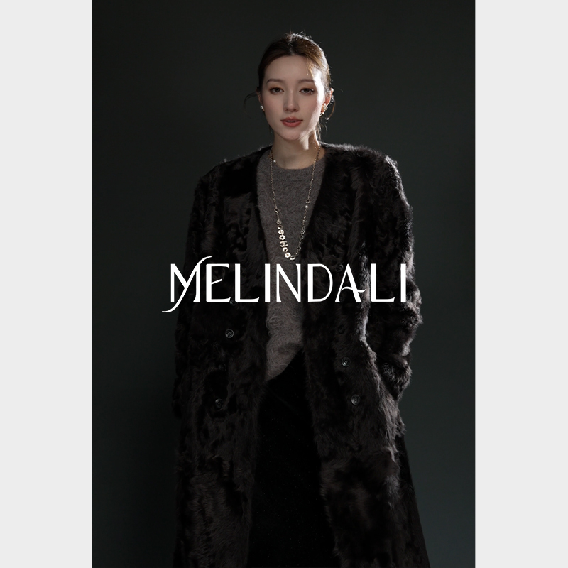 Melinda Li【美入佳境】黑标系列象羔羊毛皮毛一体V领长款皮草外套