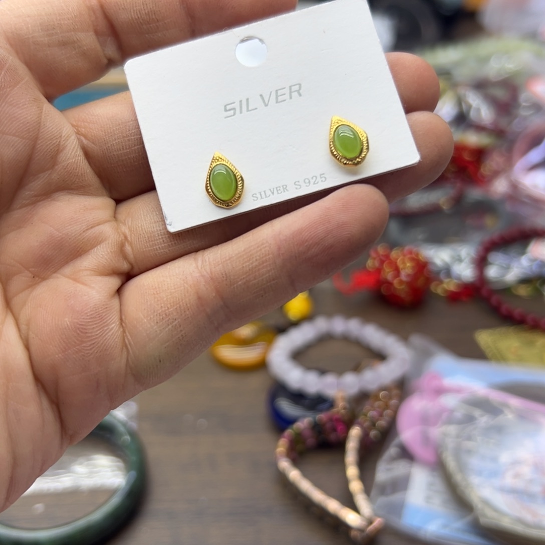 和田玉银S925镶嵌耳饰395