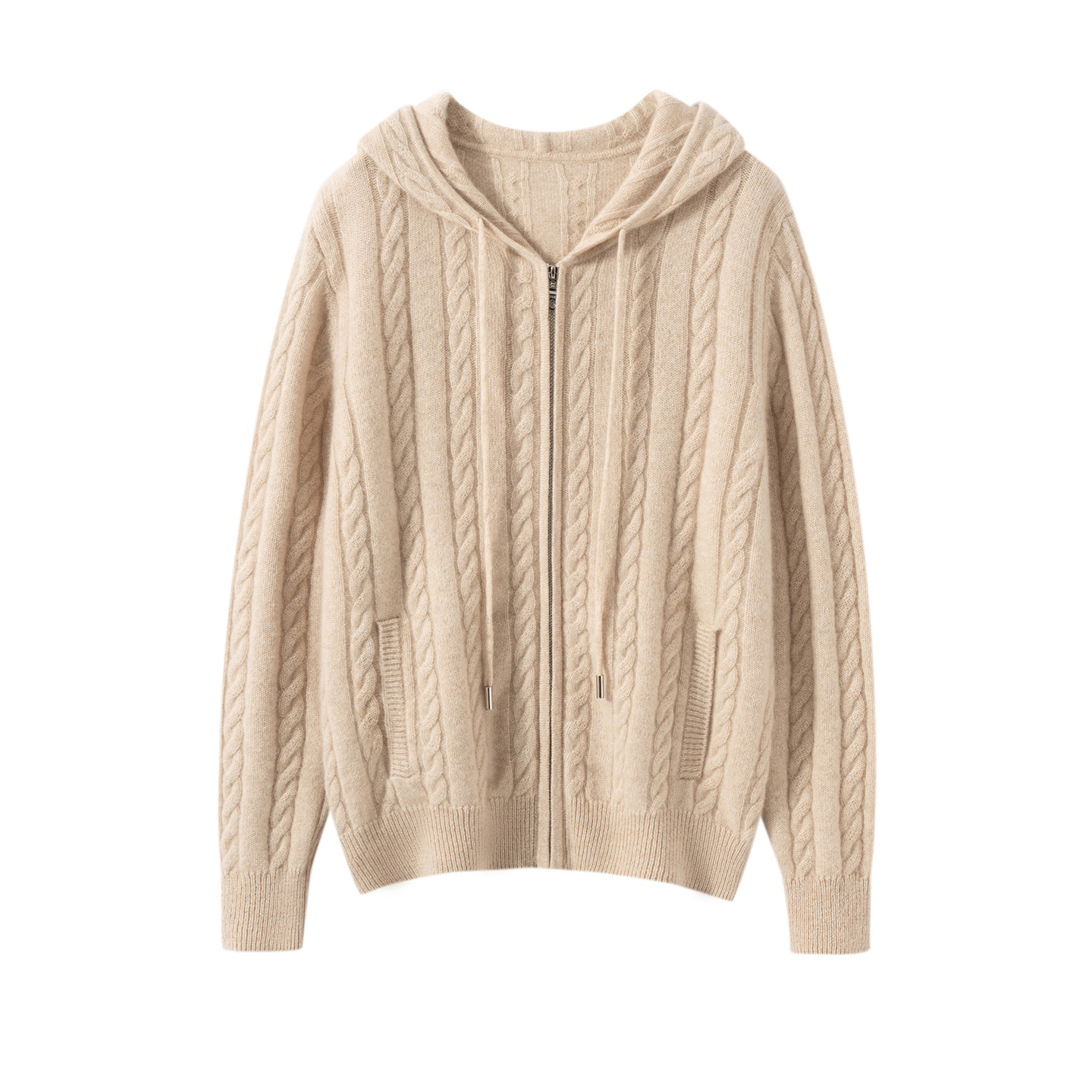 云朵般的柔软~（100%山羊绒）绞花拉链连帽针织开衫