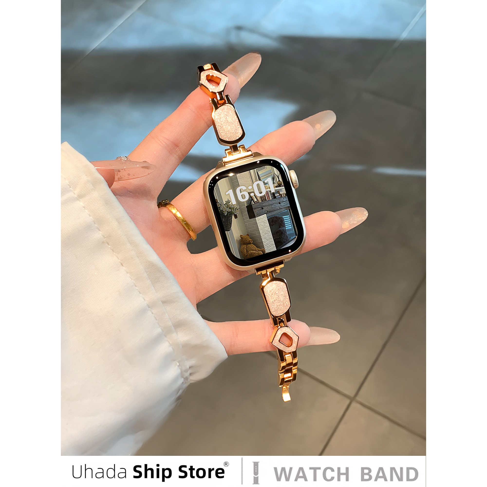 uhada适用iwatch表带夏季金属鎏金细闪表链智能高级苹果手表表带