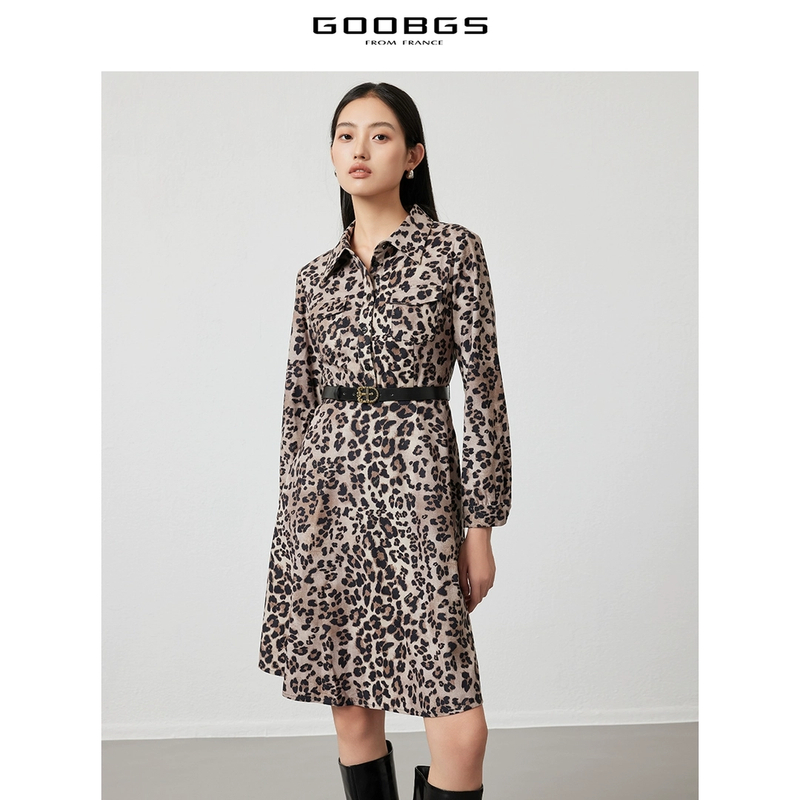 谷邦GOOBGS 绒感豹纹印花长袖连衣裙 G2441014
