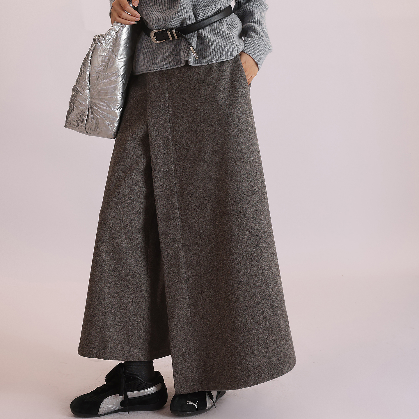 秋冬加厚毛呢搭片阔腿裤九分裤靴裤休闲裤裙裤深灰色MD5255