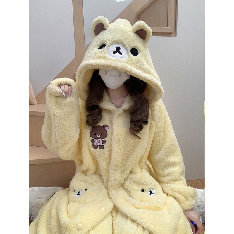 ins风新款珊瑚绒睡衣女冬季可爱软乎乎奶黄轻松熊保暖家居服套装