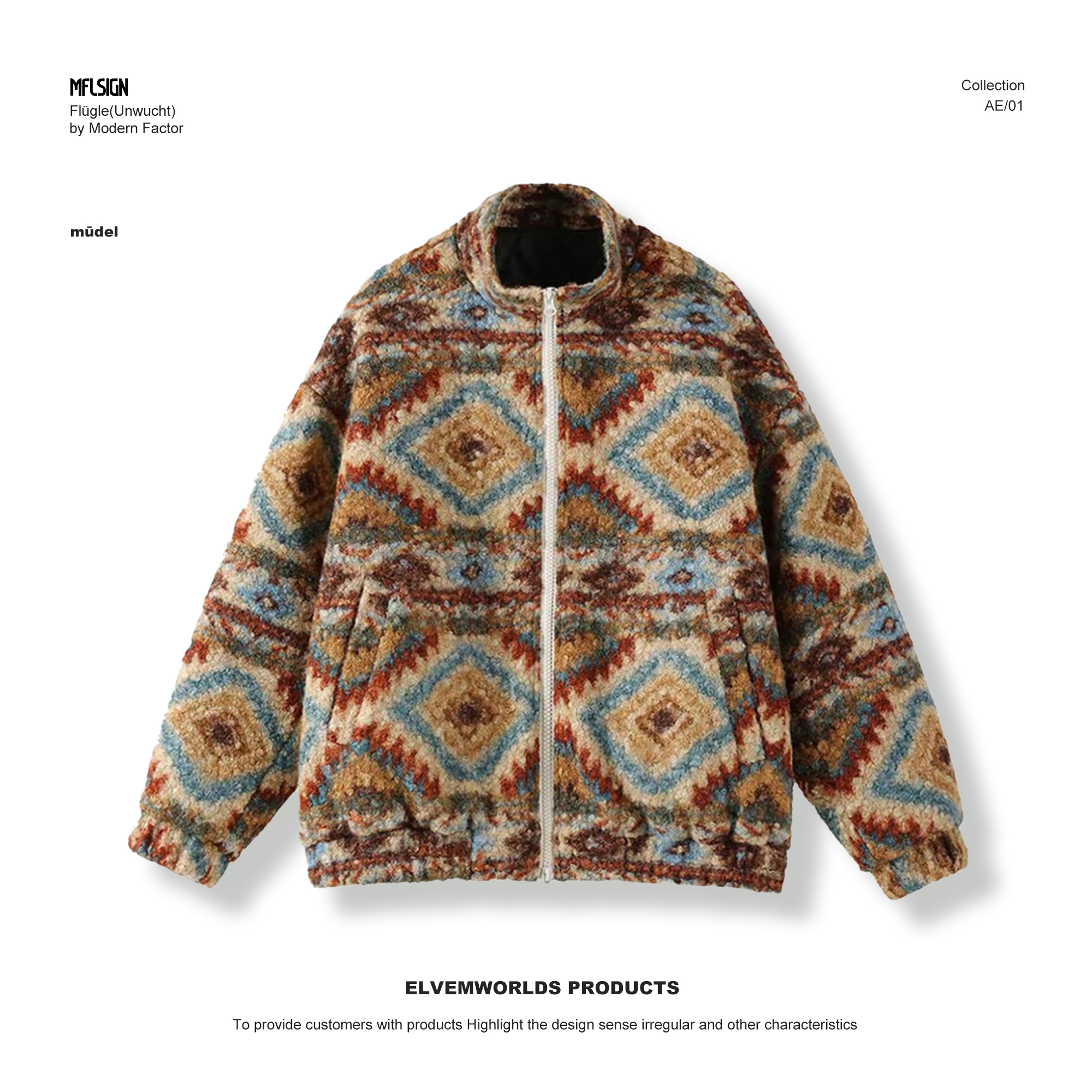 【未裁YC】男士冬季油画风抽象艺术个性宽松棉服民族风满印棉衣潮