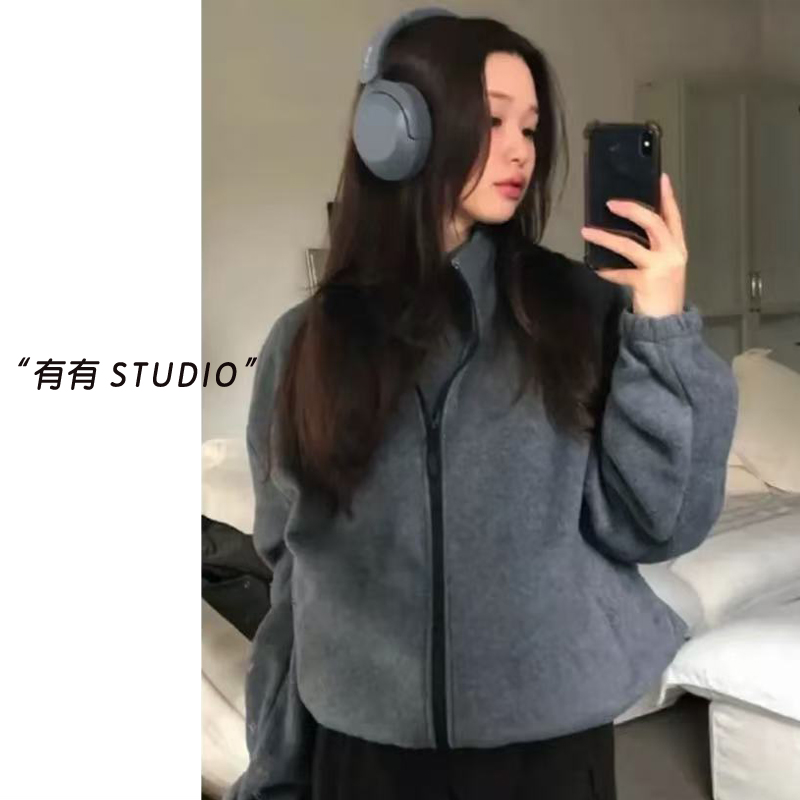 「MIU盐系自来卷外套」韩系！简约立领撞色保暖女士拉链外套