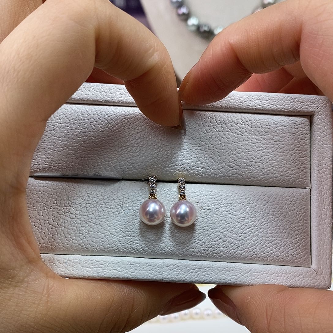 海水珍珠耳饰18K金镶嵌7-7.5m日本海水珍珠耳环（天女品质）