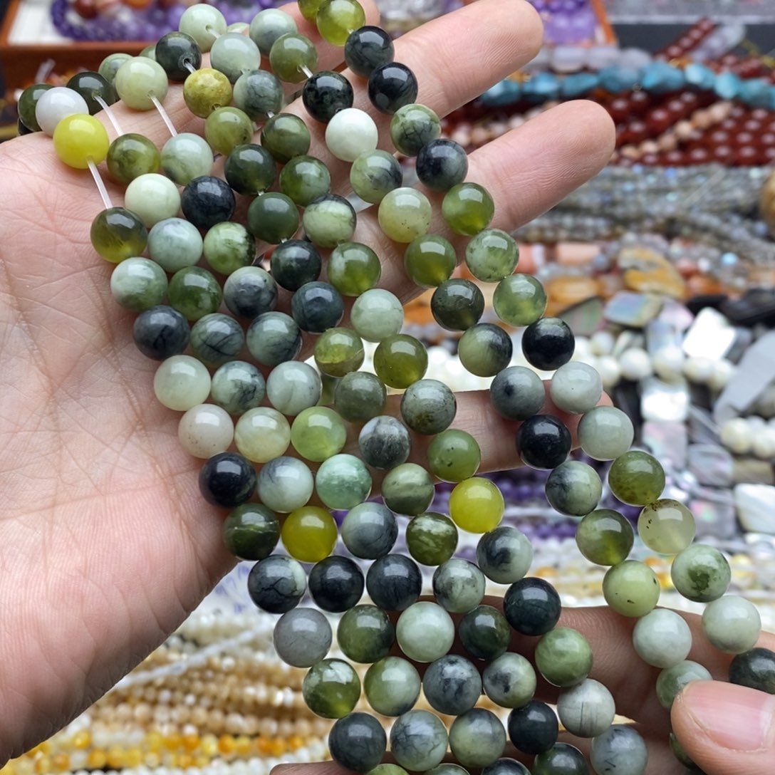 玛瑙/玉髓未镶嵌珠宝半成品一条天然8mm黑岫玉圆珠