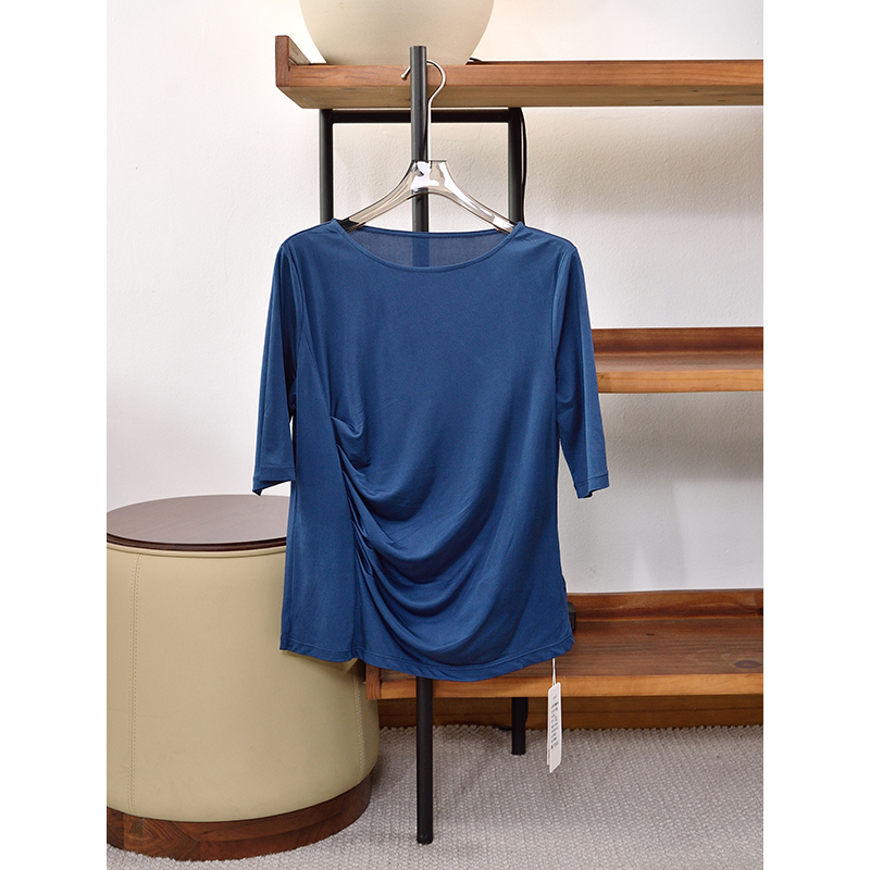 春季新品 桑蚕丝纯色一字领前侧打褶五分袖上衣