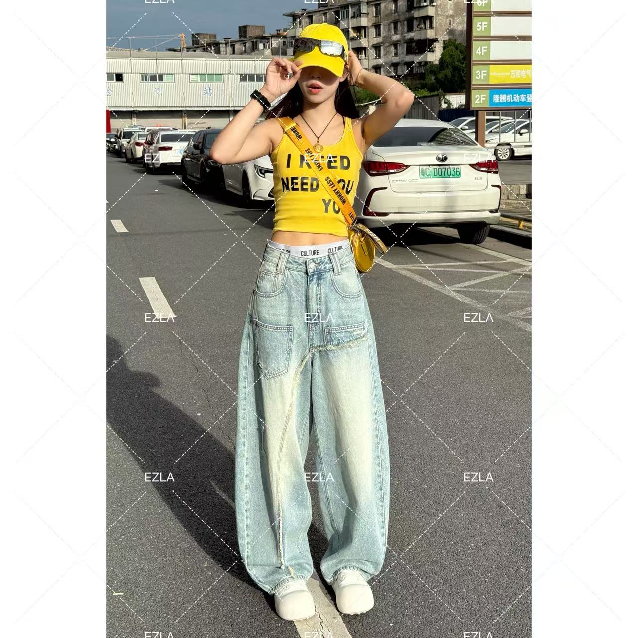 EZ8652早秋新款2025潮款小个子时髦穿搭百搭显瘦美式弯刀牛仔裤蓝