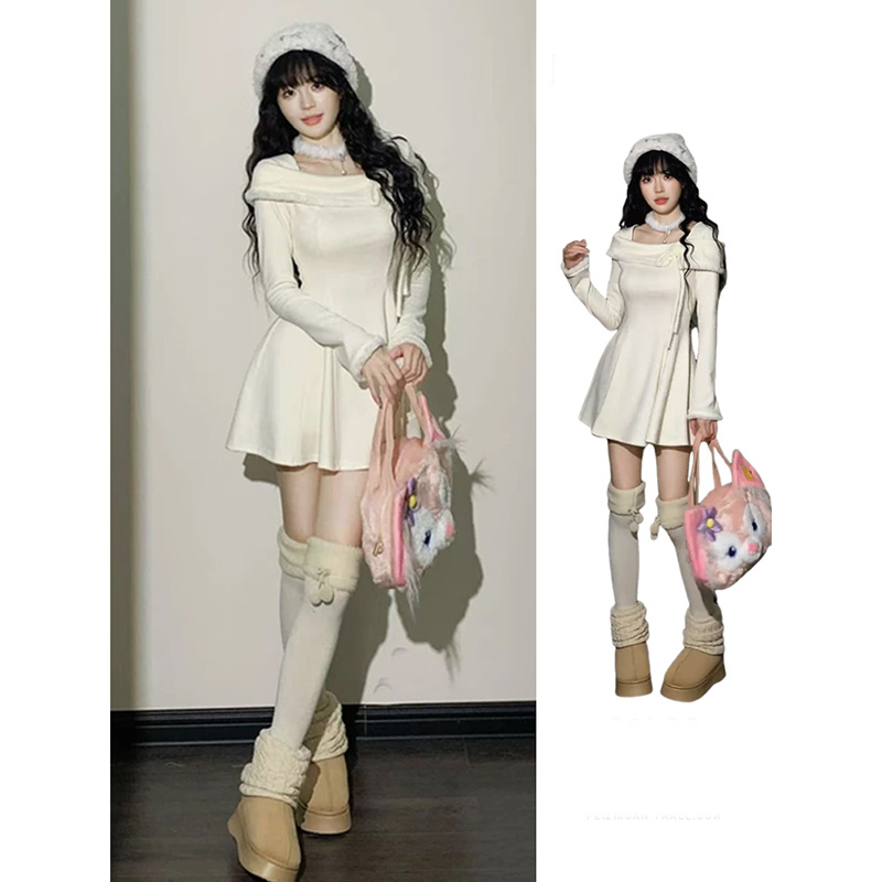 过年千金风穿搭法式连衣裙子女秋冬季搭毛衣裙D4124