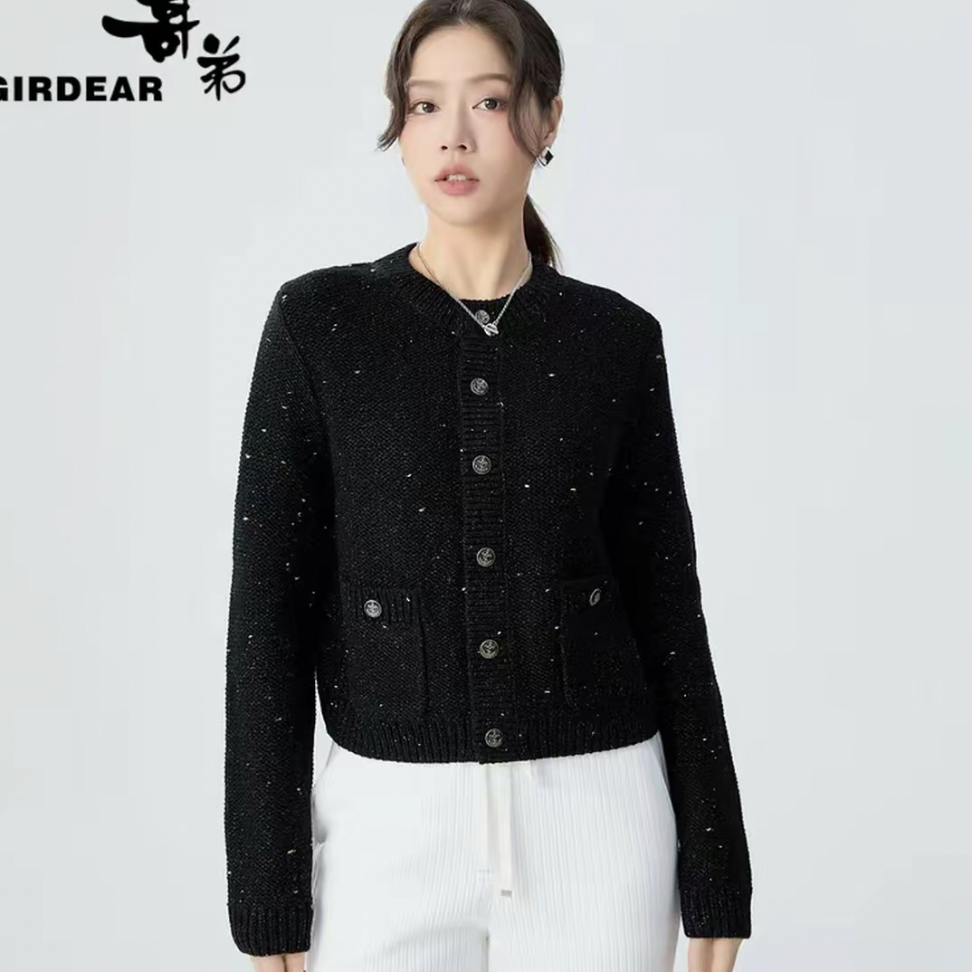 GIRDEAR/哥弟1499256 新款秋冬高级感细闪小香风圆领针织开衫外套