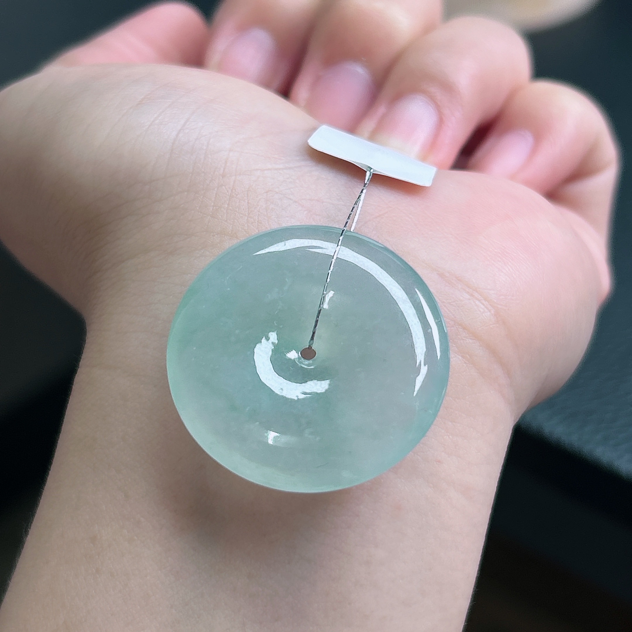 缅甸天然A货翡翠冰种淡绿甜绿平安扣吊坠尺寸29.8×5.9