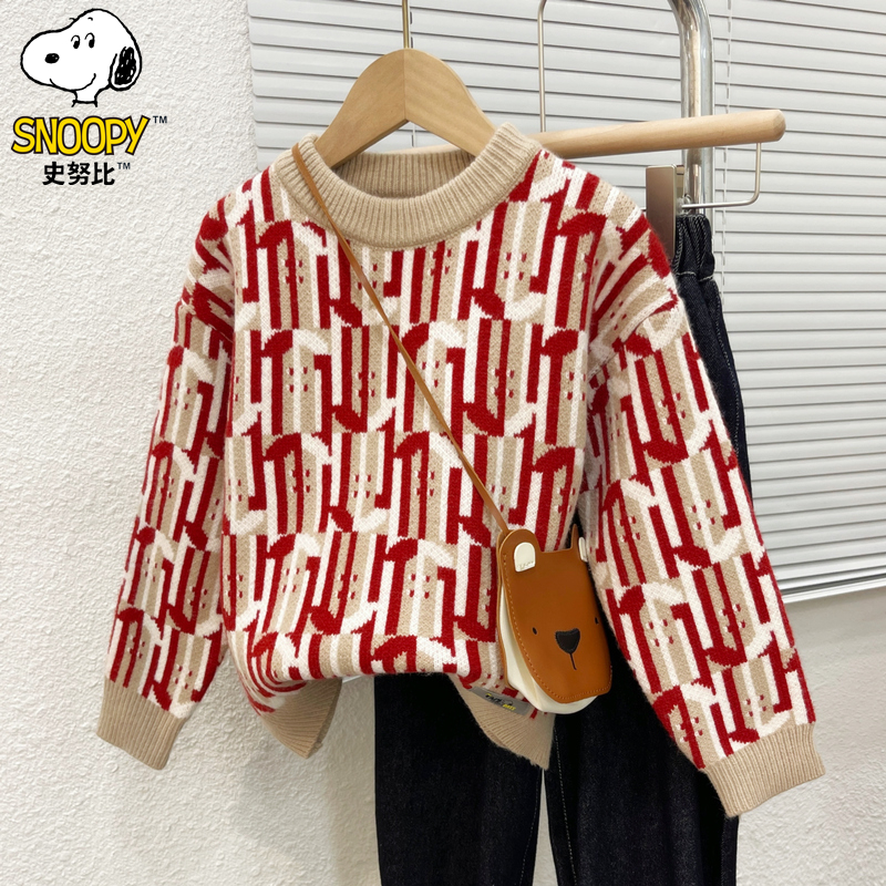 Snoopy/史努比童装儿童毛衣2025年款衣服男女童针织衫红色加厚潮