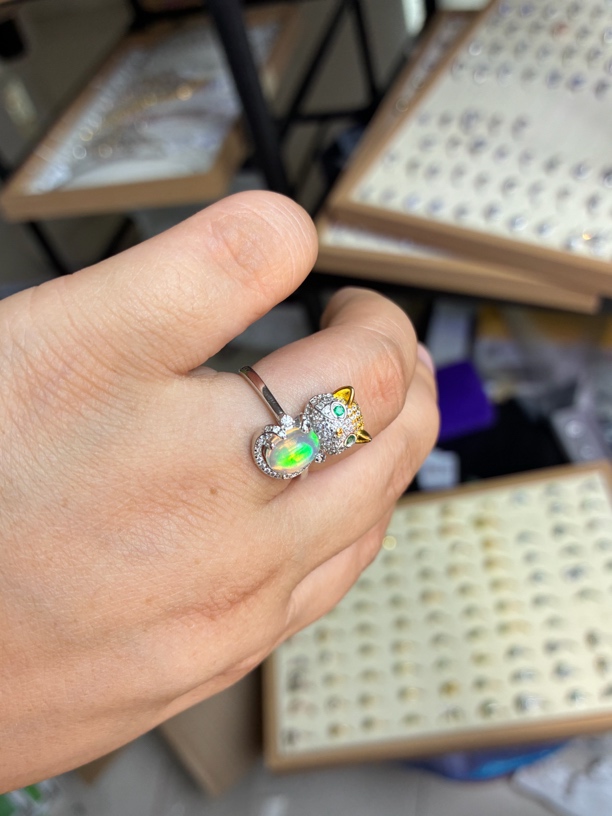 【国首质检】天然宝石欧泊石戒指可爱戒指通体S925银礼物