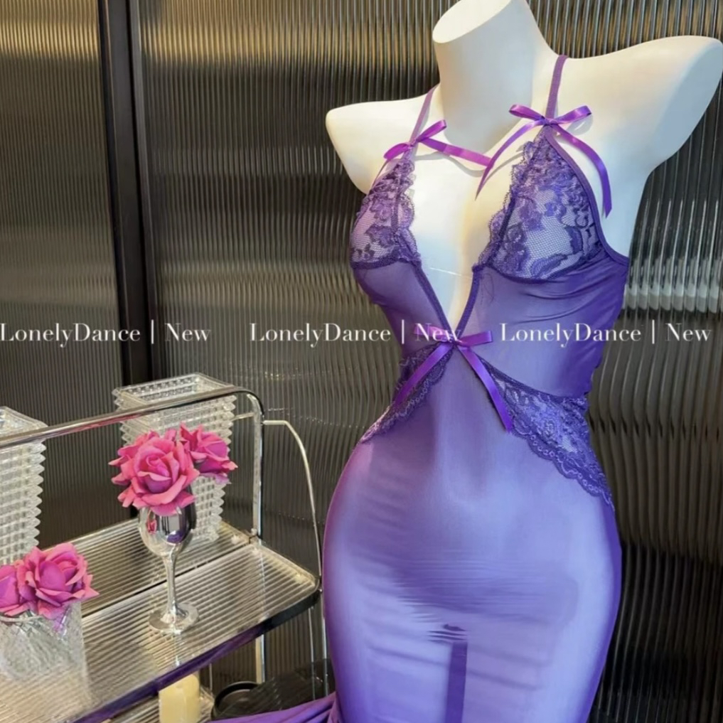 恋迷【气质后妈】风蝴蝶结拼接蕾丝透视长睡裙居家服