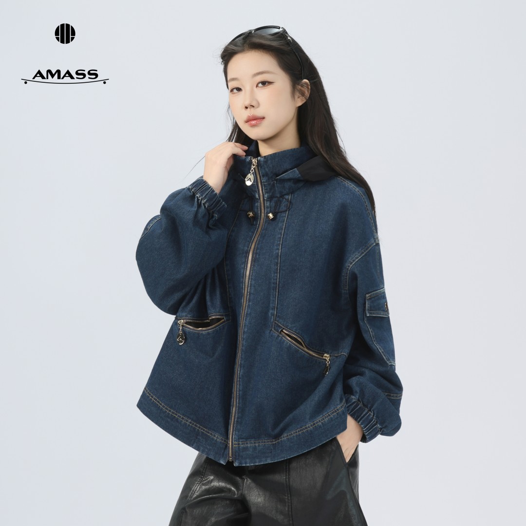 阿玛施AMASS 新款极简百搭拉链落肩袖新潮带帽牛仔夹克外套540030