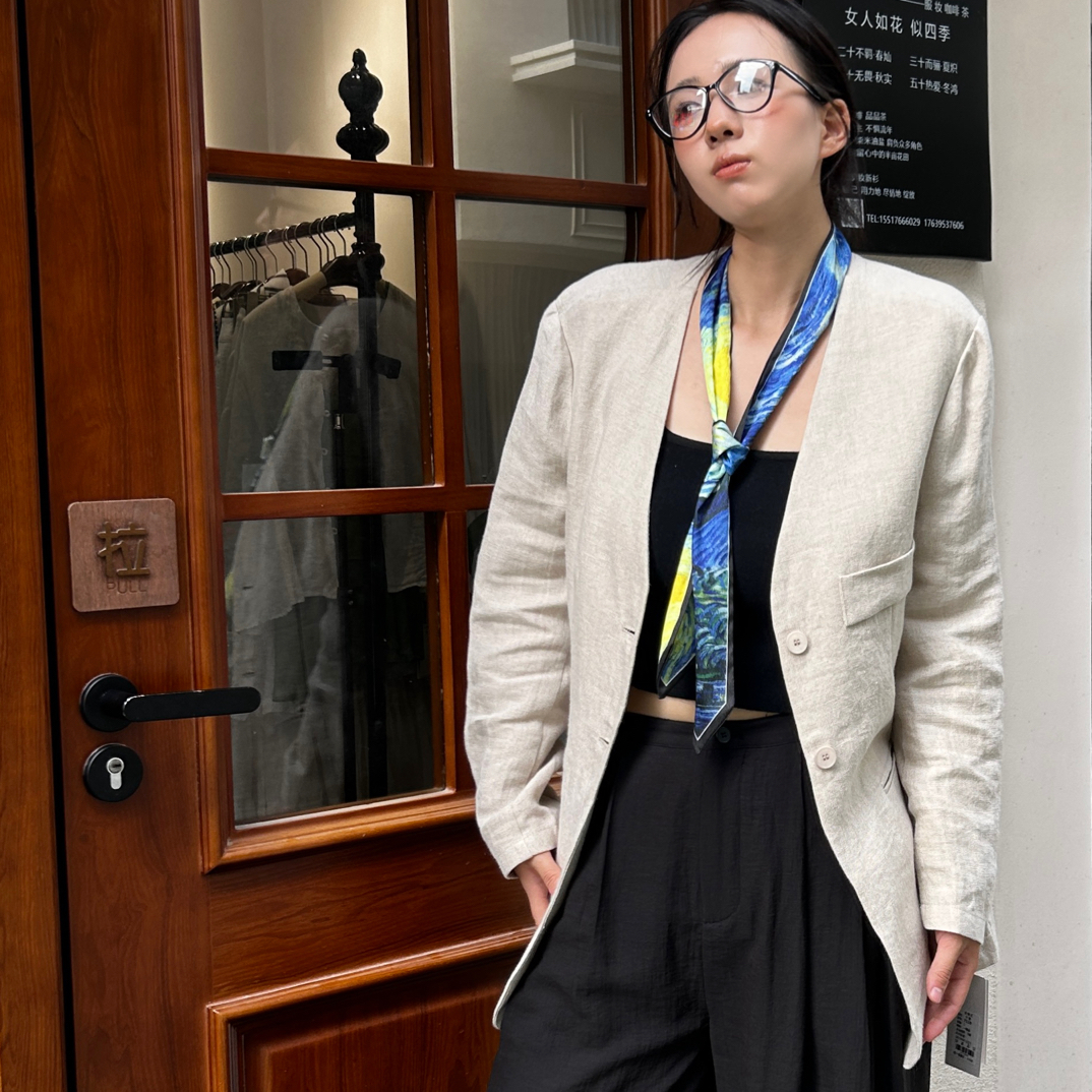 Flower服妆美学亚麻V领西服外套时尚