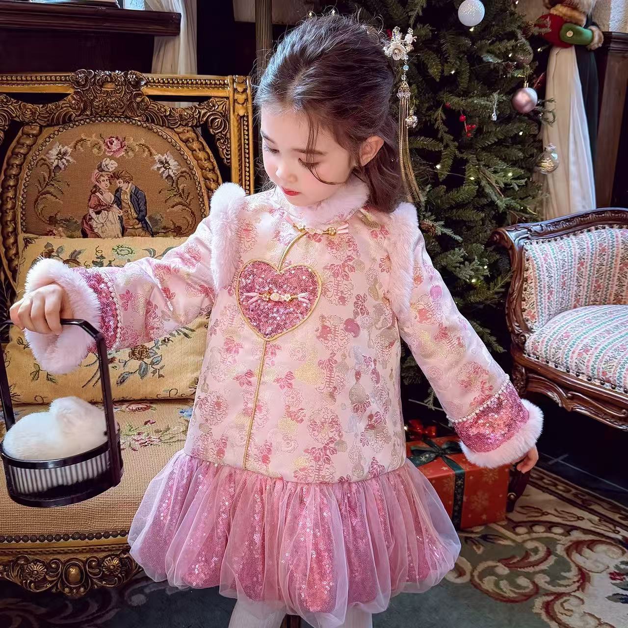 【福禄满满】女童夹棉旗袍冬装拜年服连衣裙织锦花苞亮片国风公主裙