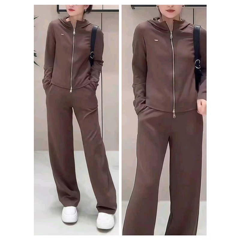 时尚休闲套装女2025秋季新款咖色气质减龄双拉链外套阔腿裤两件套