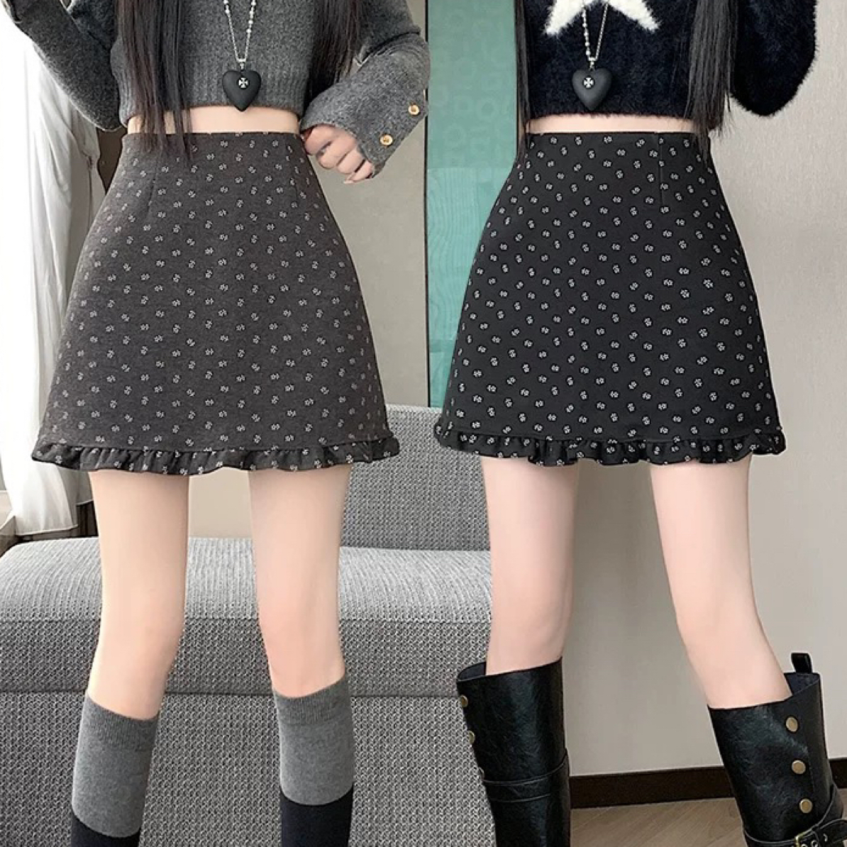 高腰毛呢波点半身裙女碎花半裙显瘦木耳边A字短裙百搭休闲裙子