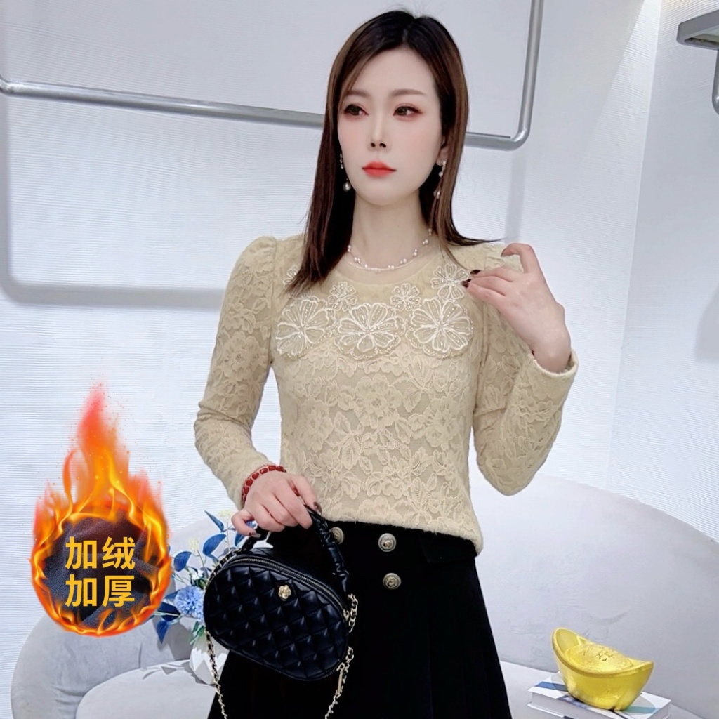 A9186冬季新款立体花朵蕾丝衫洋气遮肉百搭显瘦减龄上衣