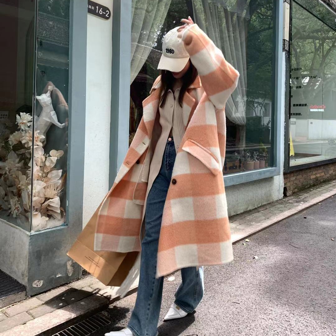 《斜兜大格》时尚气质长款百搭格子双面羊毛大衣