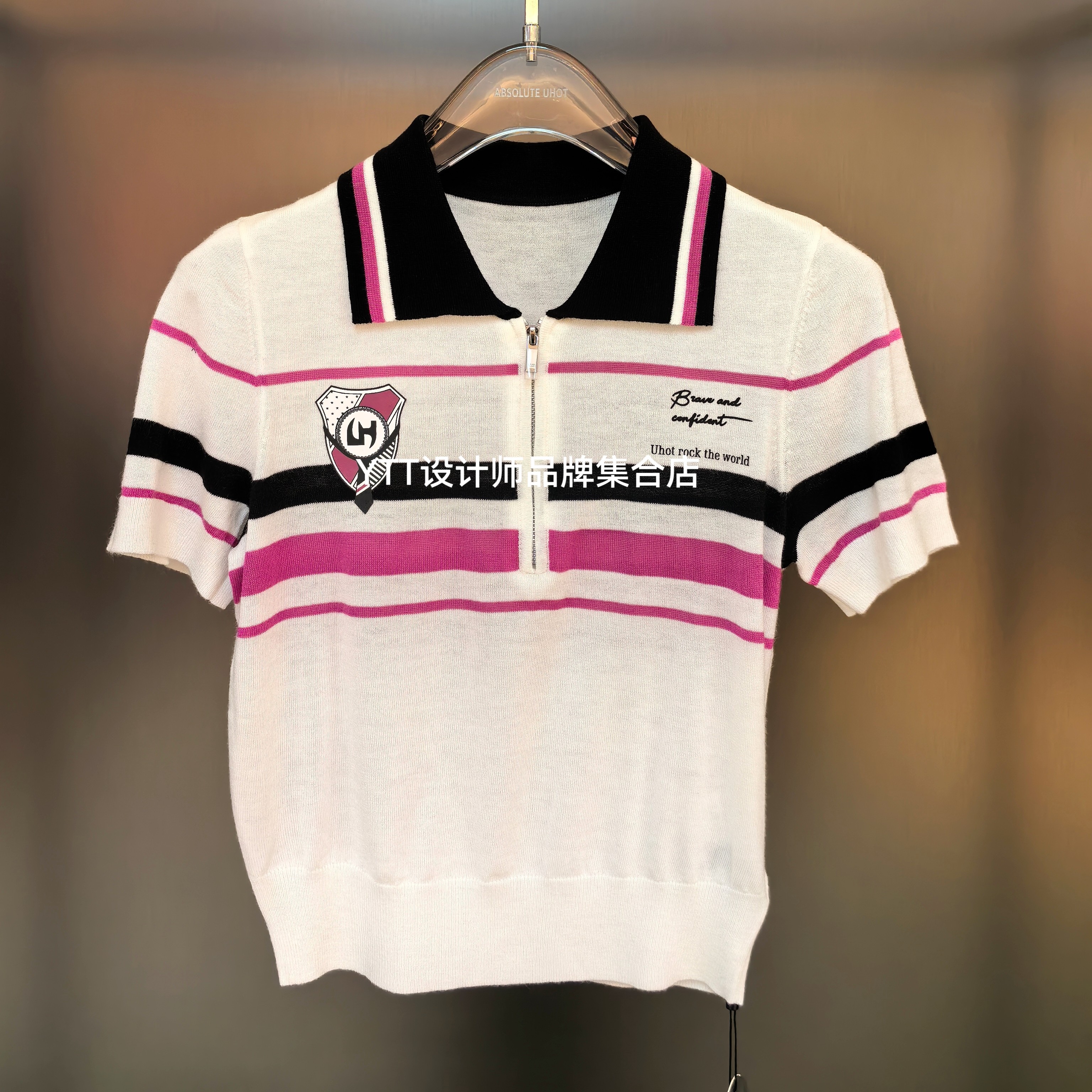 顺丰包邮 UHOT诱货2026春夏新款白粉色条纹短袖针织POLO衫上衣