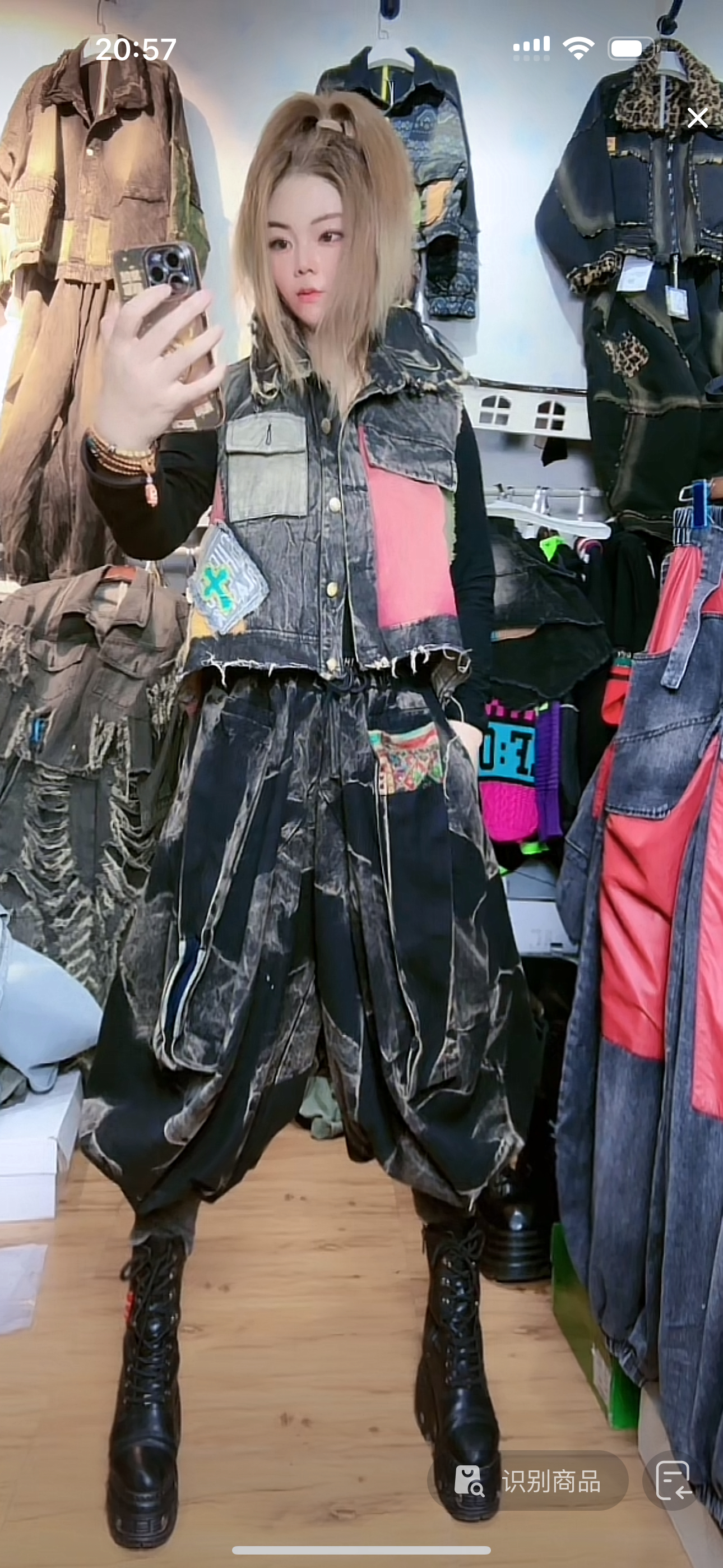 潮酷个性拼色做旧翻领牛仔马甲小脚灯笼裤两件套女夏款时尚套装
