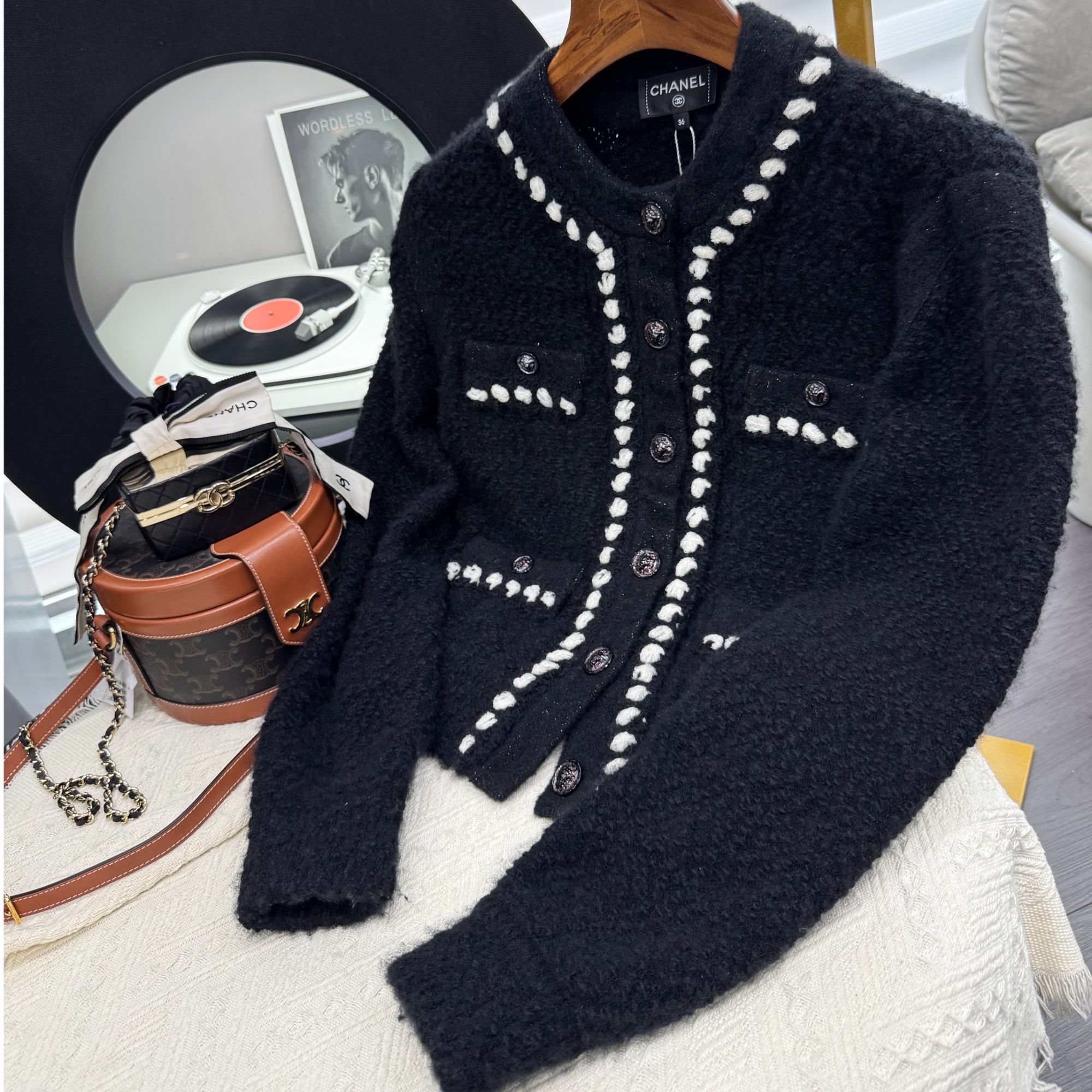 99新 Chanel/香奈儿 22B羊毛混纺外套黑色 34码