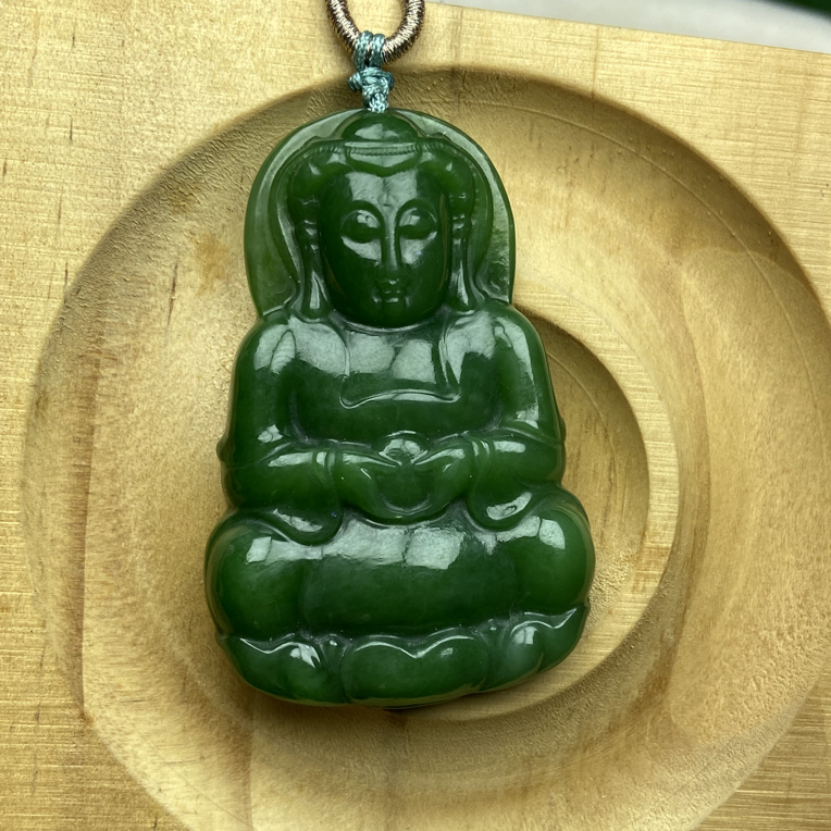 5*3和田玉碧玉七号矿老料观音吊坠，颜色菠菜绿，均匀